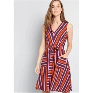 Modcloth Linen Blend Retro Striped Dress Womens XL Fit Flare Tie Waist V Neck